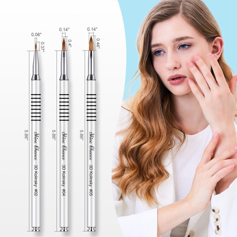Shine Chance 3Pcs 3D Nail Brushes Set Size 2 4 5, Kolinsky Hair Acrylic Flower Nail Art Brush, Art Design & Polish Mistake Cleaning Manicure Tools for Women Acrylic Application, Silver - Image 3
