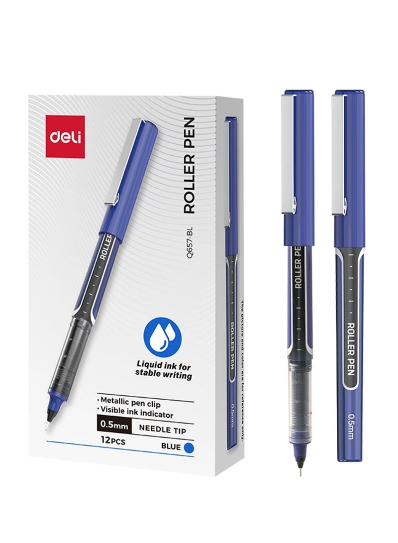 Deli 12-Piece Q657 Roller Pen With 0.5mm Needle Tip Blue Ink - Image 1