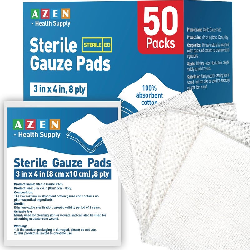 AZEN 50 Pack Sterile Gauze Pads 3 x 4 Non Stick Gauze Pads 8Ply Cotton Gauze Sponges for Wound Care and First Aid Highly Absorbent Individually Wrapped Medical Gauzes - Image 1