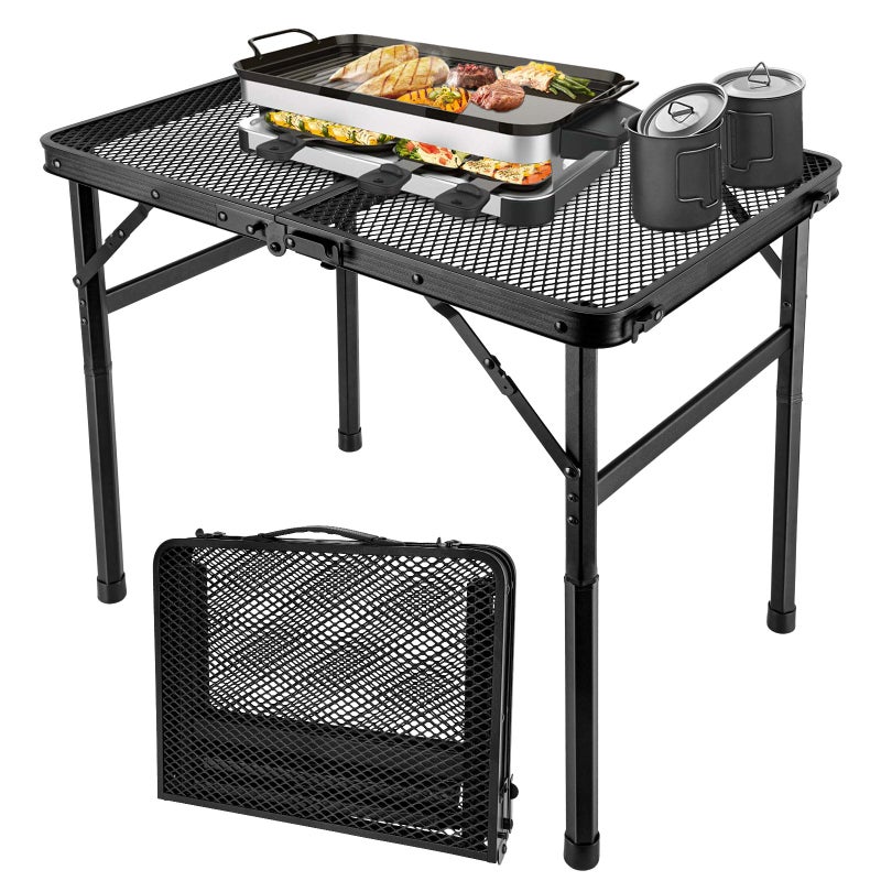 GDDGHS 2x1.3 FT Folding Camping Table Foldable Grill Table for Outdoor BBQ, Metal Portable Camping Grill Stand with Mesh Desktop, Adjustable Height Lightweight BBQ Tables Black - Image 1