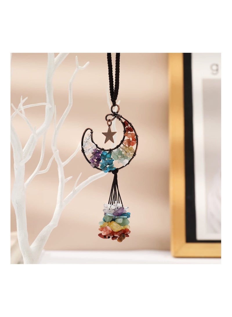 كابتن تيك Tree of Life Hanging Ornament, Chakra Crystal Hanging Ornament Moon Shape Healing Crystal Stones Car Rear View Mirror Hanging Accessories Wall Home Decor - Image 2