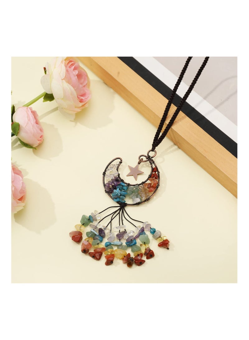 كابتن تيك Tree of Life Hanging Ornament, Chakra Crystal Hanging Ornament Moon Shape Healing Crystal Stones Car Rear View Mirror Hanging Accessories Wall Home Decor - Image 4
