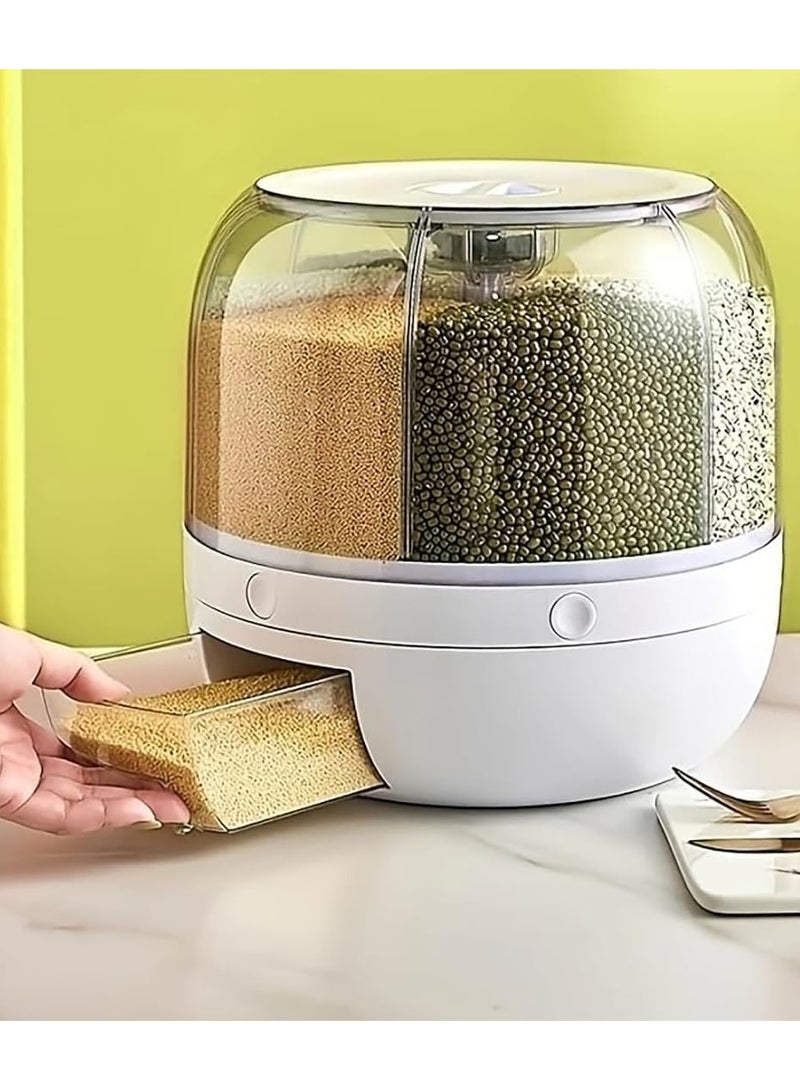 Rice dispenser,rotating grain storage dispenser, 6-compartment rice container, 360 ° rotating food dispenser, used for storing rice, legumes, rice ,nut storage container, moisture-proof, white - Image 1