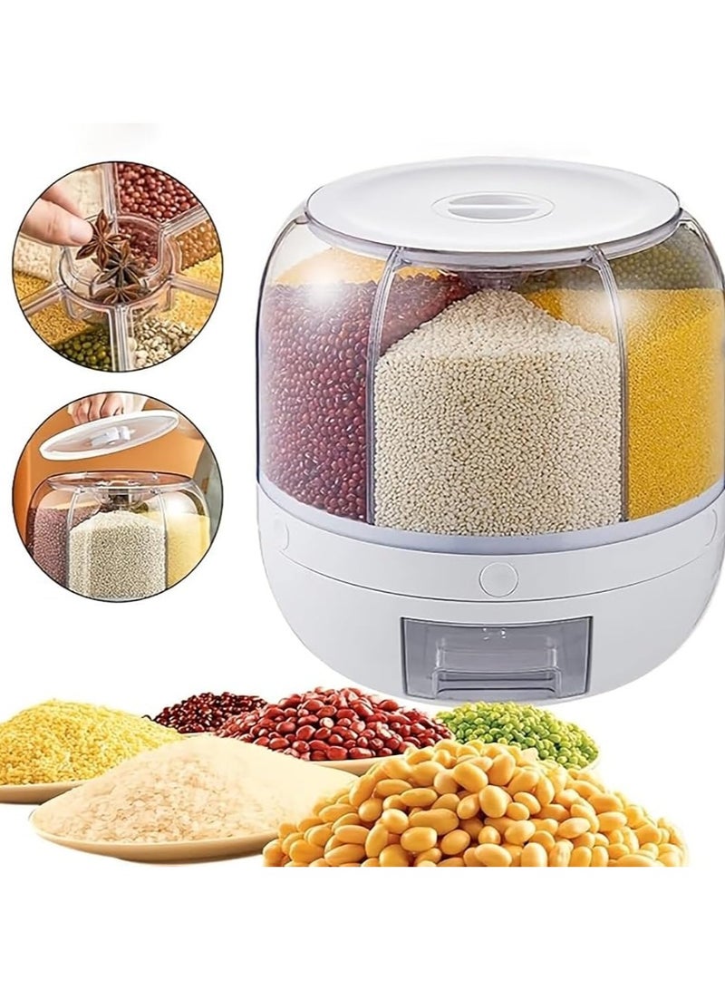Rice dispenser,rotating grain storage dispenser, 6-compartment rice container, 360 ° rotating food dispenser, used for storing rice, legumes, rice ,nut storage container, moisture-proof, white - Image 3