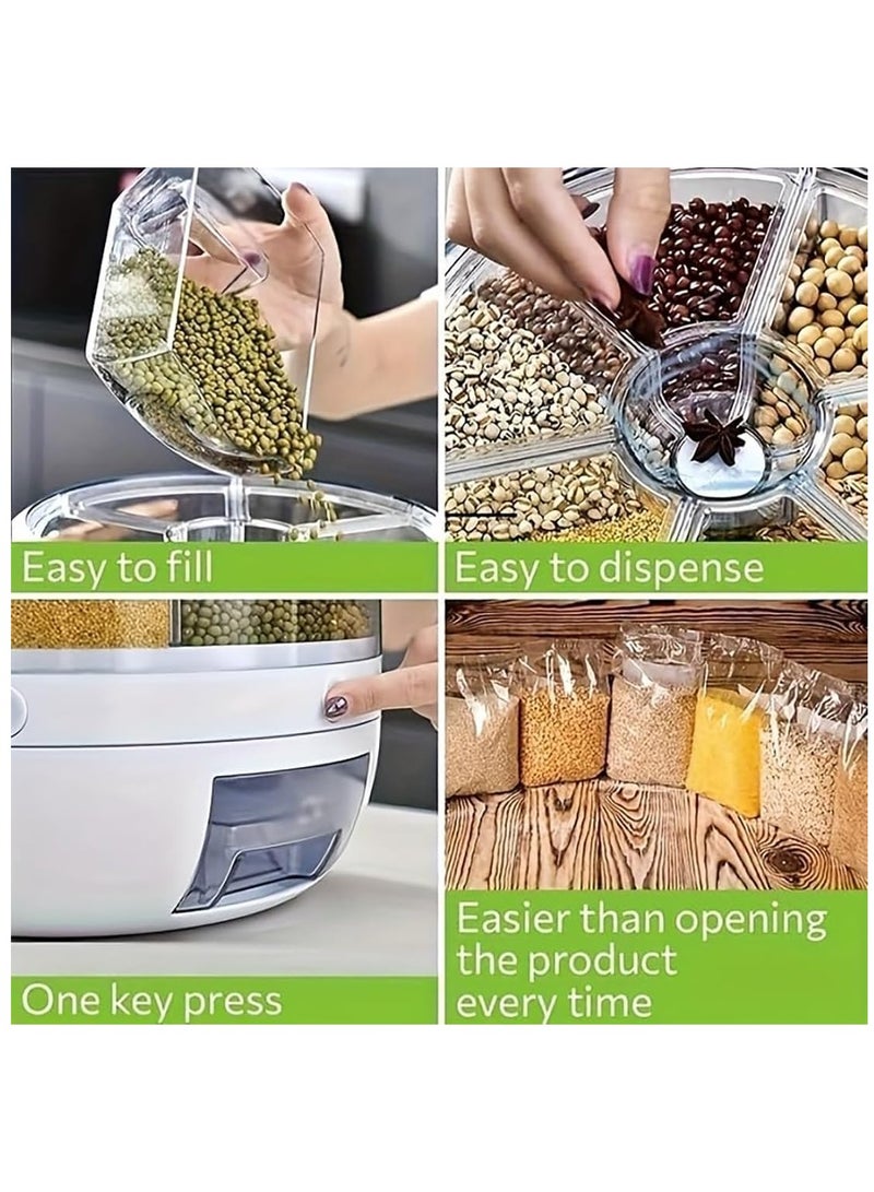 Rice dispenser,rotating grain storage dispenser, 6-compartment rice container, 360 ° rotating food dispenser, used for storing rice, legumes, rice ,nut storage container, moisture-proof, white - Image 5
