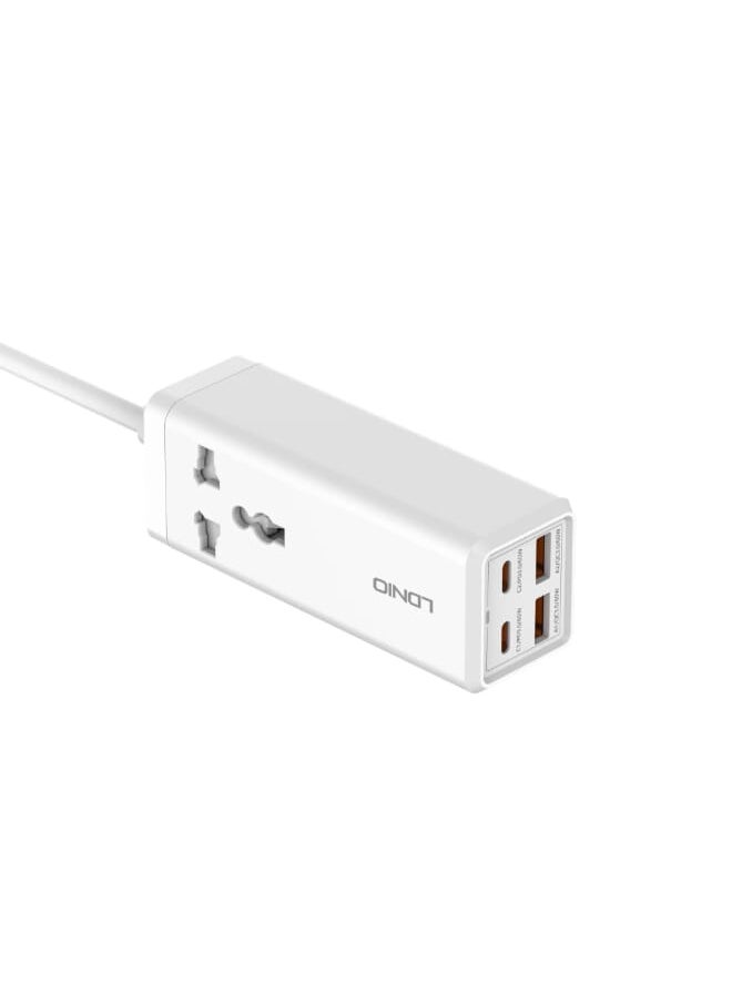 LDNIO - محول طاقة متعدد الوظائف SC1418، 65 وات، منافذ 2PD، 2 منافذ USB، سلك طاقة 2 متر، طاقة 2500 وات - أبيض - Image 1