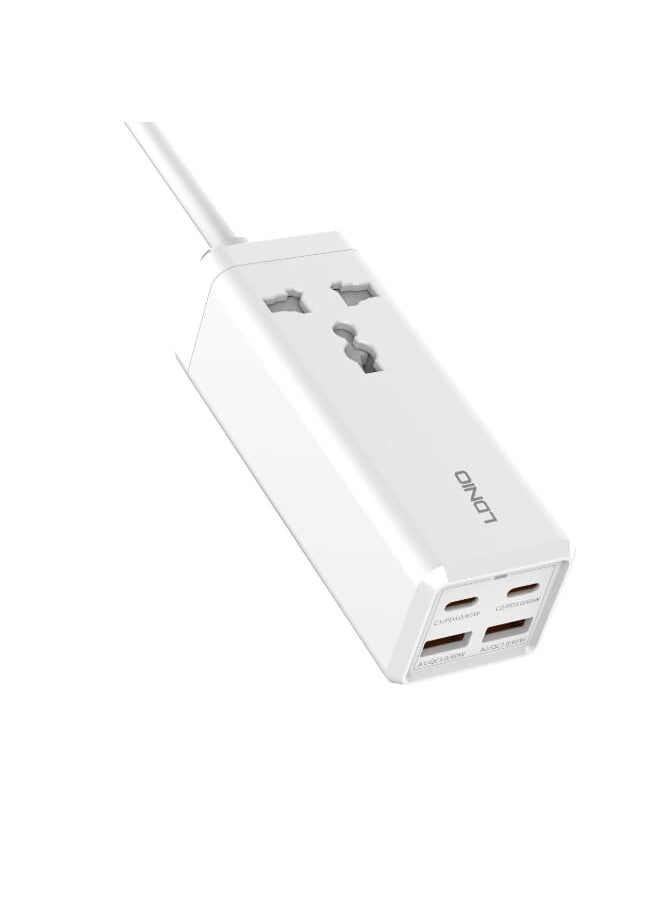 LDNIO - محول طاقة متعدد الوظائف SC1418، 65 وات، منافذ 2PD، 2 منافذ USB، سلك طاقة 2 متر، طاقة 2500 وات - أبيض - Image 1