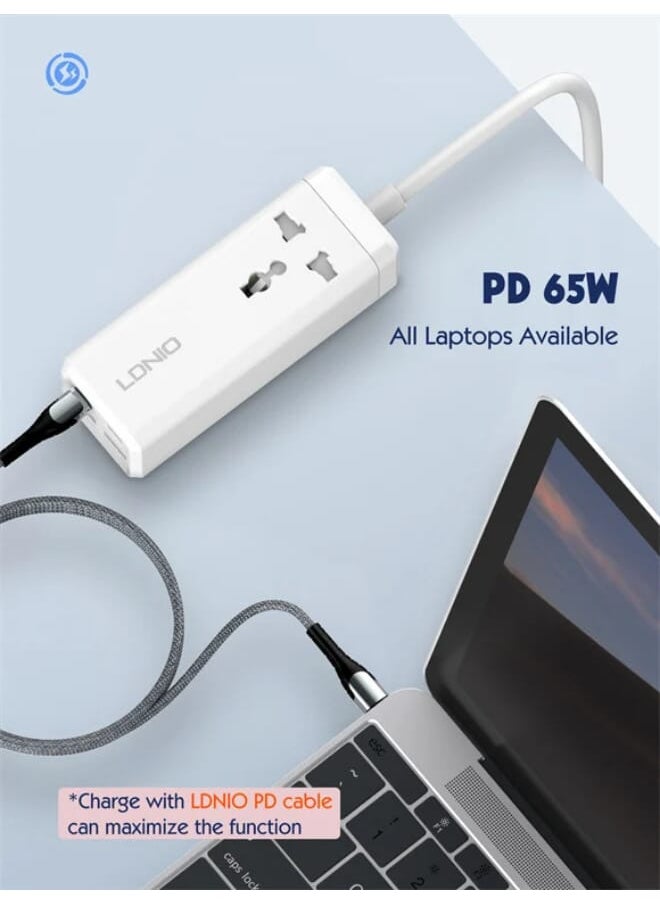 LDNIO - محول طاقة متعدد الوظائف SC1418، 65 وات، منافذ 2PD، 2 منافذ USB، سلك طاقة 2 متر، طاقة 2500 وات - أبيض - Image 1
