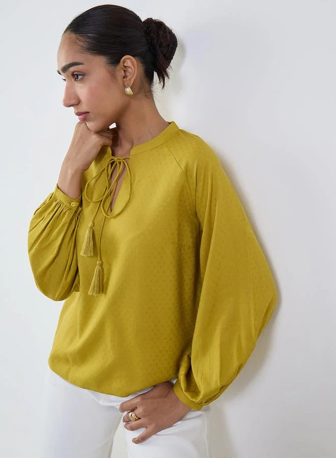 Femmella Mustard Long Sleeve Blouse with Tie-Up Neck