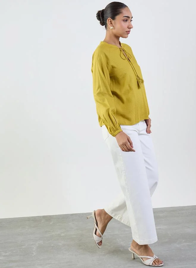 Femmella Mustard Long Sleeve Blouse with Tie-Up Neck
