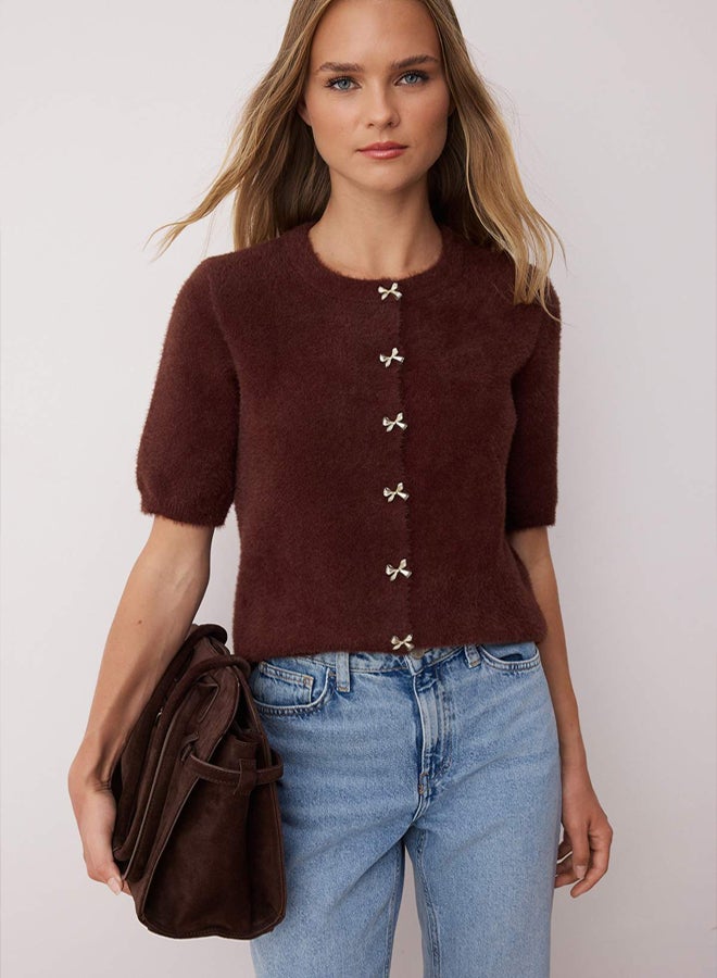 trendyol Brown Button Detailed Soft Textured Knitwear Cardigan - Image 2