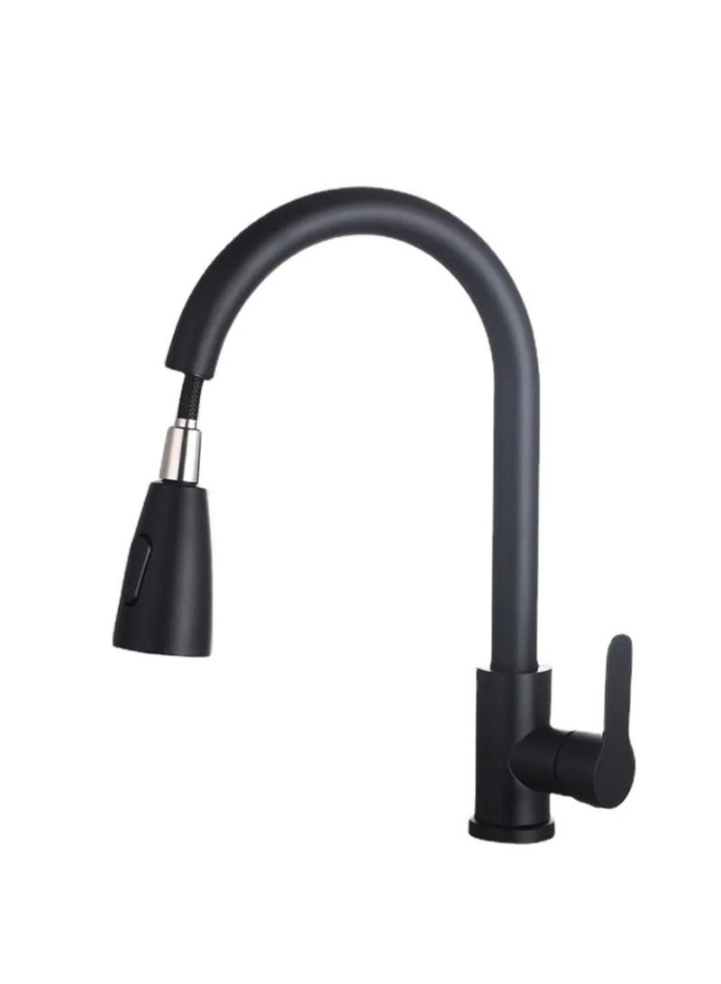 صنبور مطبخ بمقبض واحد وقوس عالٍ مع رشاش سحب للأسفل، خلاط حديث من الفولاذ المقاوم للصدأ للحوض (أسود) - Image 2