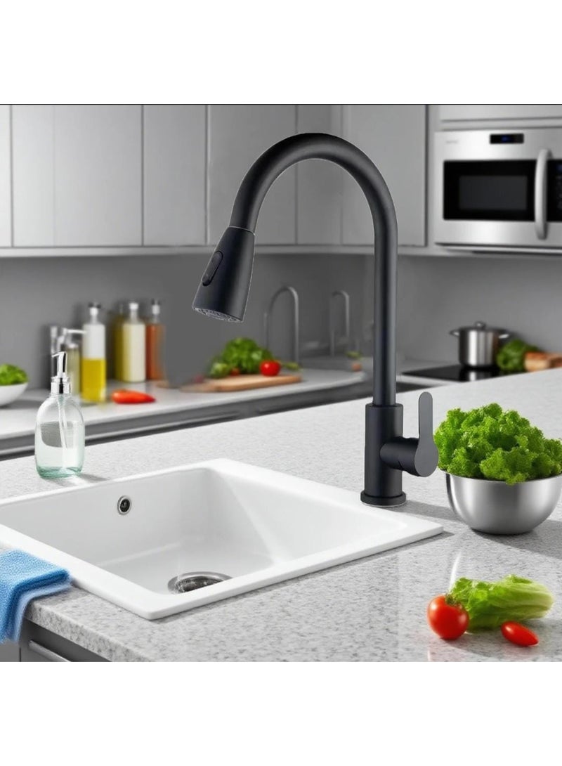 صنبور مطبخ بمقبض واحد وقوس عالٍ مع رشاش سحب للأسفل، خلاط حديث من الفولاذ المقاوم للصدأ للحوض (أسود) - Image 3