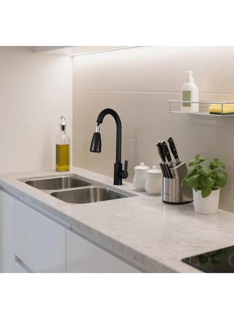 صنبور مطبخ بمقبض واحد وقوس عالٍ مع رشاش سحب للأسفل، خلاط حديث من الفولاذ المقاوم للصدأ للحوض (أسود) - Image 4