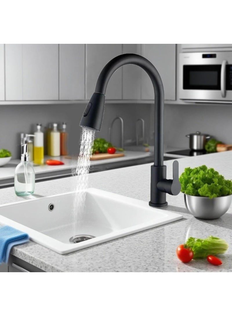 صنبور مطبخ بمقبض واحد وقوس عالٍ مع رشاش سحب للأسفل، خلاط حديث من الفولاذ المقاوم للصدأ للحوض (أسود) - Image 5