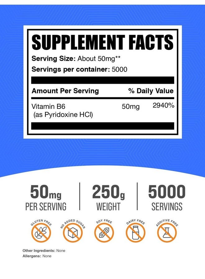 BulkSupplements مسحوق بيريدوكسين HCl من BulkSupplements.com - مكمل فيتامين B6، مكمل فيتامين - خالي من الجلوتين، 50 ملغ من بيريدوكسين B6 لكل حصة، 250 غ (8.8 أونصة) (عبوة من 1) - Image 2