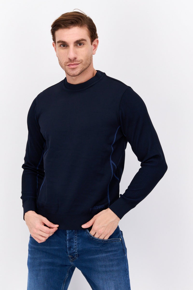 Free Soul Men Crew Neck Plain Long Sleeve Sweatshirt, Navy Blue - Image 1
