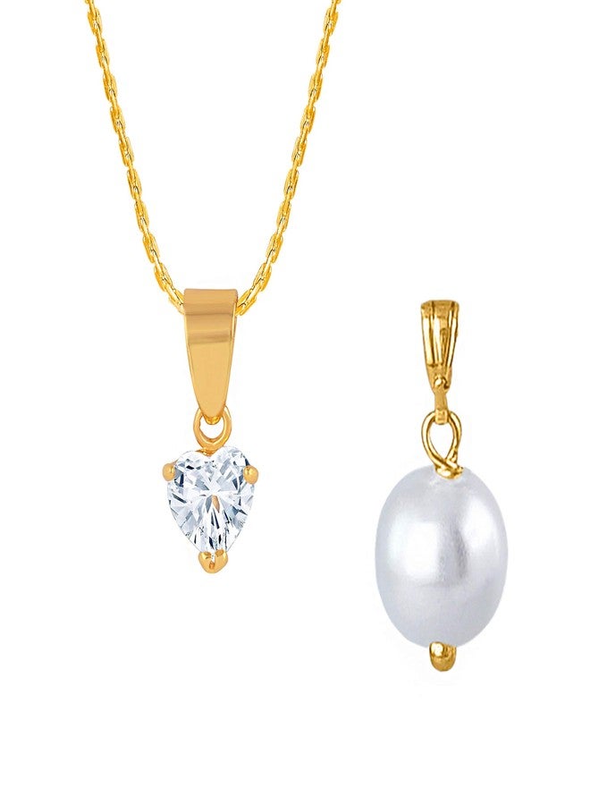 JFL - Jewellery for Less Romantic|Valentines day|Gift idea|for her|Wife|Girlfriend|Lover|Fiance|Crush Combo of Gold Plated CZ Heart Solitaire Pendant & Japanese Pearl Pendant with Chain Women & Girls - Image 1