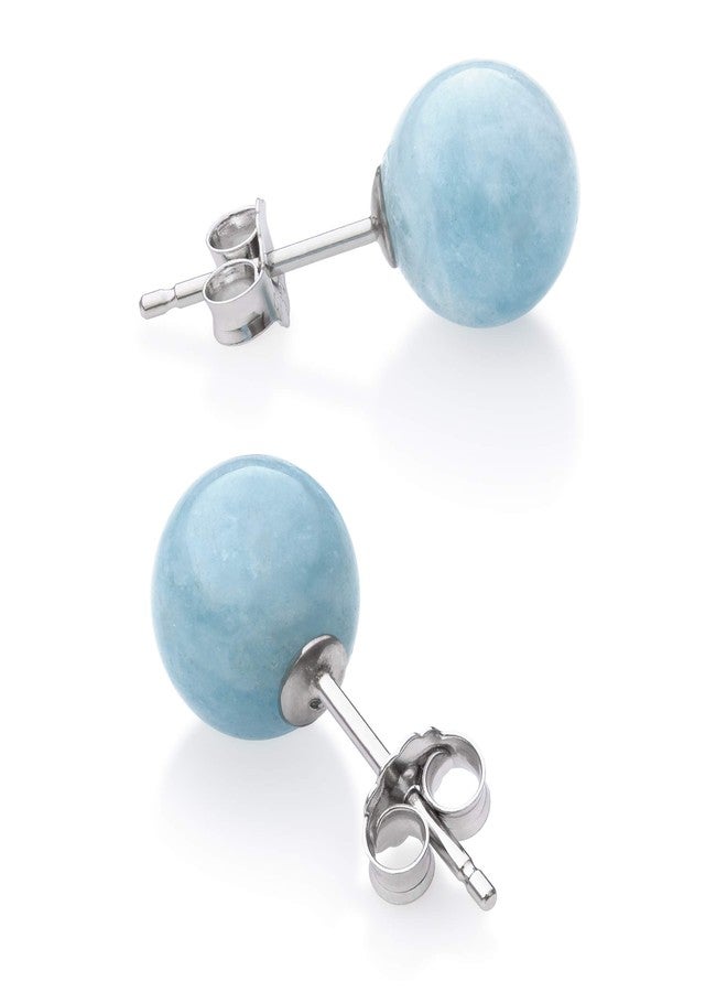 Belacqua Round Natural Blue Milky Aquamarine Gemstone Stud Earrings in Sterling Silver, Size - 8mm, Push Back - Clasp, Jewelry for Women, Gift Box Included - Image 1