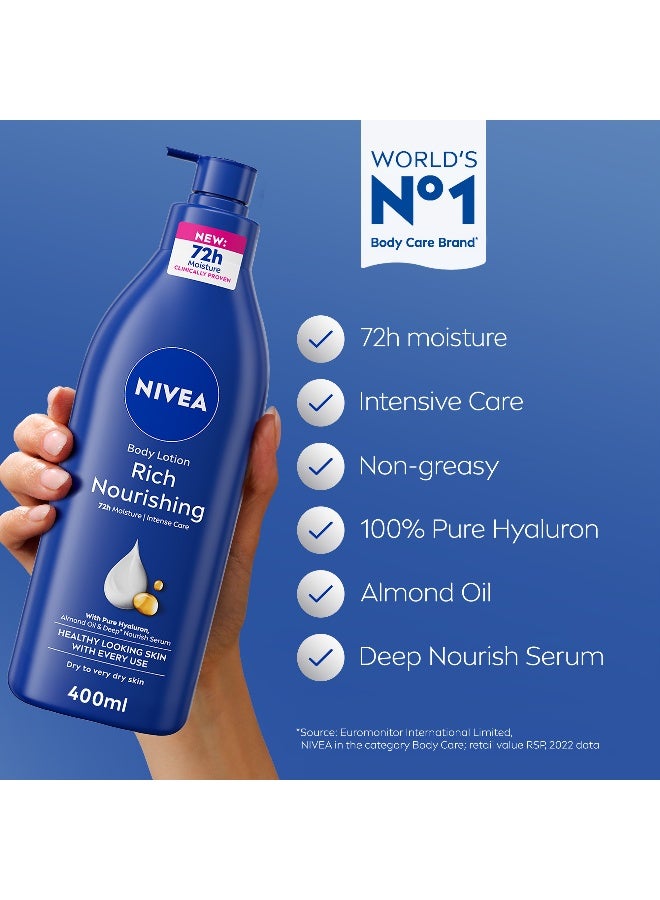 Nivea Body Lotion for Dry to Very Dry Skin, Rich Nourishing with Pure Hyaluron, 72H Intense Moisture - Image 2