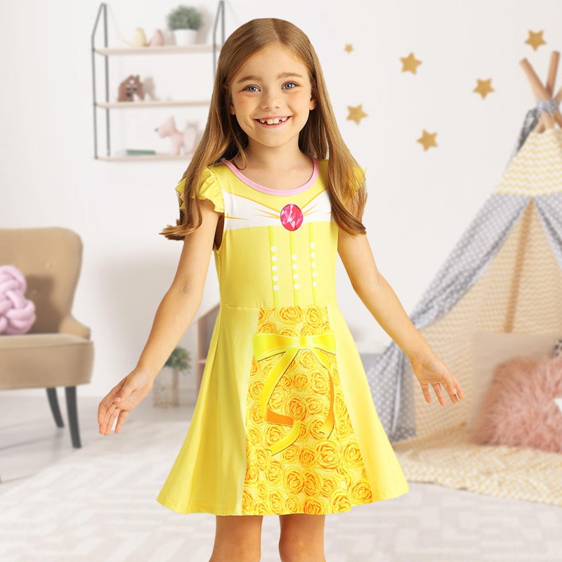 Jurebecia Little Girls Princess Nightgowns Flutter Sleeves Nightdress Nightie Night Gown Sleepwear Pajamas for Kids Size 7-8 Yellow - Image 3