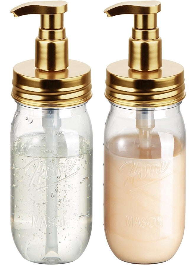 Amolliar Plastic Mason Jar Soap Dispenser with Pump Lid,16OZ Refillable BPA-Free Hand Soap Dispenser Set with Cute Lables - for Kitchen/Bathroom, Liquid Soap, Dish Soap, Lotion (2 Pack, Gold) - Image 1
