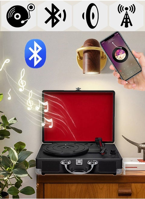 مشغل تسجيل 3 سرعات مع مكبرات صوت ستيريو مدمجة، قرص دوار للفينيل، يدعم مخرج USB RCA/مقبس سماعة الرأس MP3، مشغل موسيقى الهاتف المحمول، مشغل تسجيل حقيبة بلوتوث، مشغل تسجيل