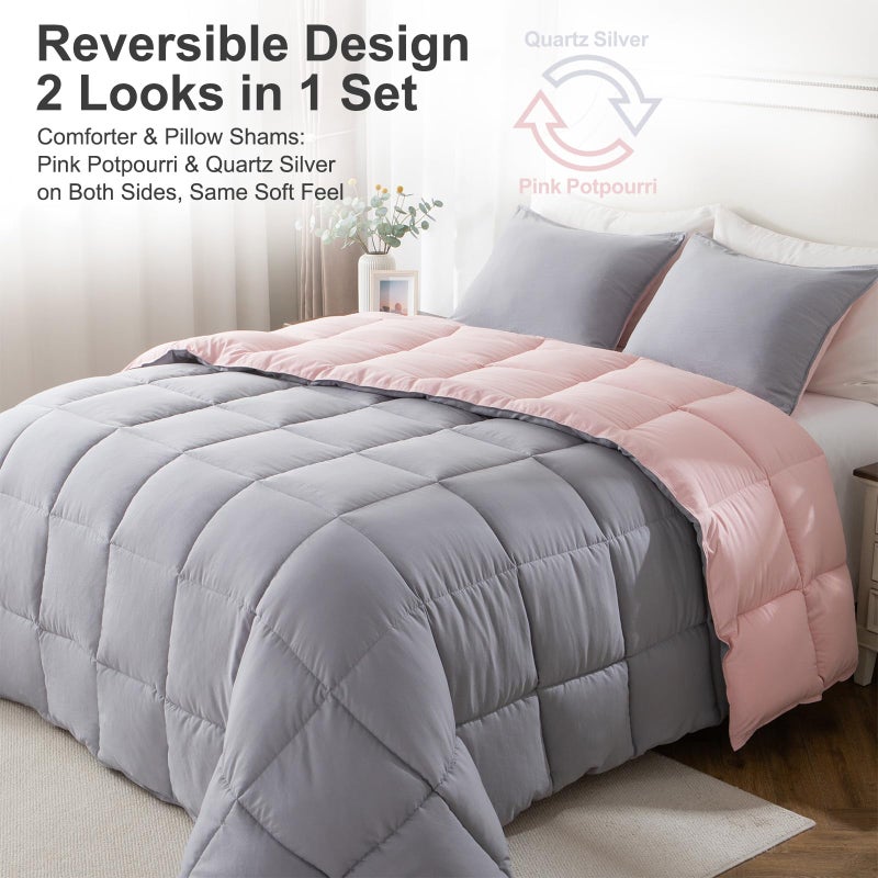 KASENTEX Queen Comforter Set â€“ Reversible Dual Color â€“ Goose Down Alternative â€“ Ultra-Soft, Lightweight, Machine Washable, Maintain Fluffiness, All Season Warmth (Pink Potpourri/Quartz Silver) - Image 2