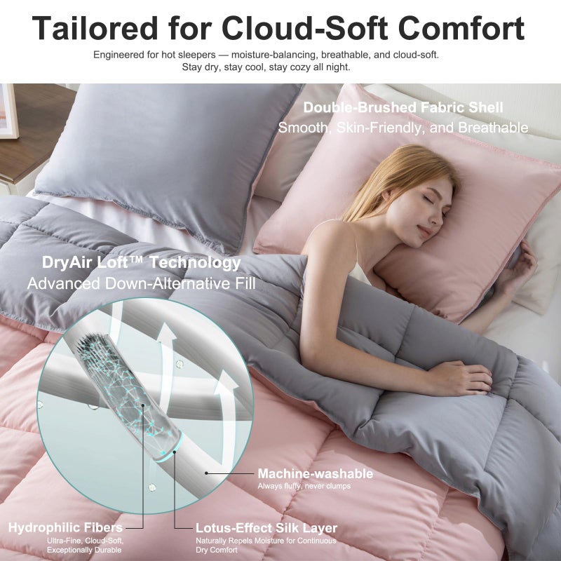 KASENTEX Queen Comforter Set â€“ Reversible Dual Color â€“ Goose Down Alternative â€“ Ultra-Soft, Lightweight, Machine Washable, Maintain Fluffiness, All Season Warmth (Pink Potpourri/Quartz Silver) - Image 5