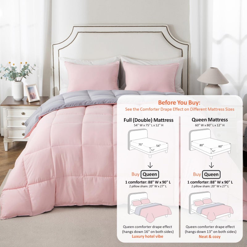 KASENTEX Queen Comforter Set â€“ Reversible Dual Color â€“ Goose Down Alternative â€“ Ultra-Soft, Lightweight, Machine Washable, Maintain Fluffiness, All Season Warmth (Pink Potpourri/Quartz Silver) - Image 3