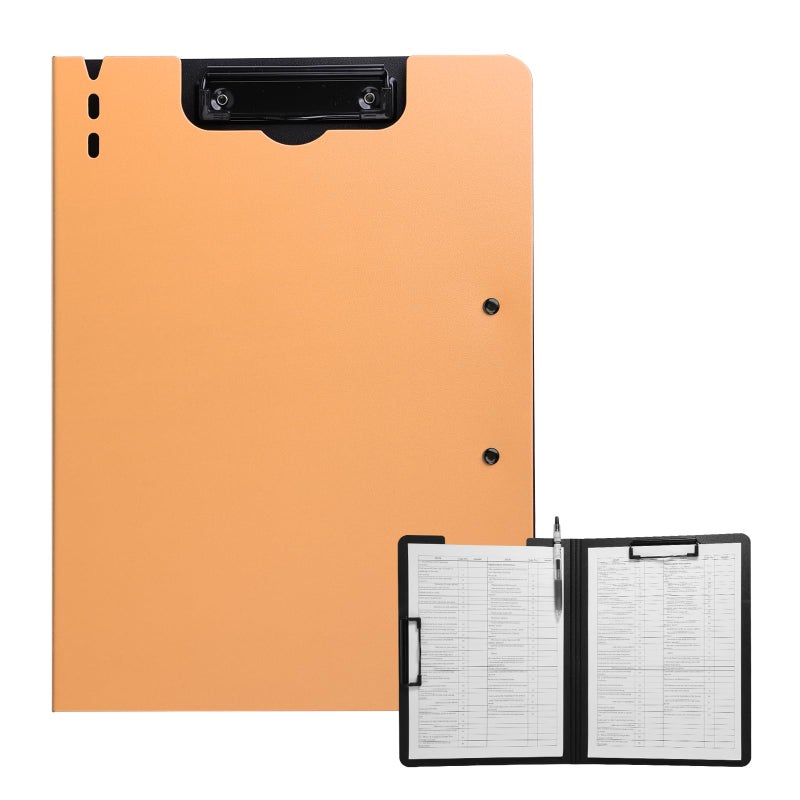 Fretonba Clipboard Folder  A4 Foldable Clipboard With Horizontal And Vertical Double Metal Clips  360 Degree Foldable Binder Clipboards With Pen Holder  File Cover Work Folder Clipboards  Orange - Image 1