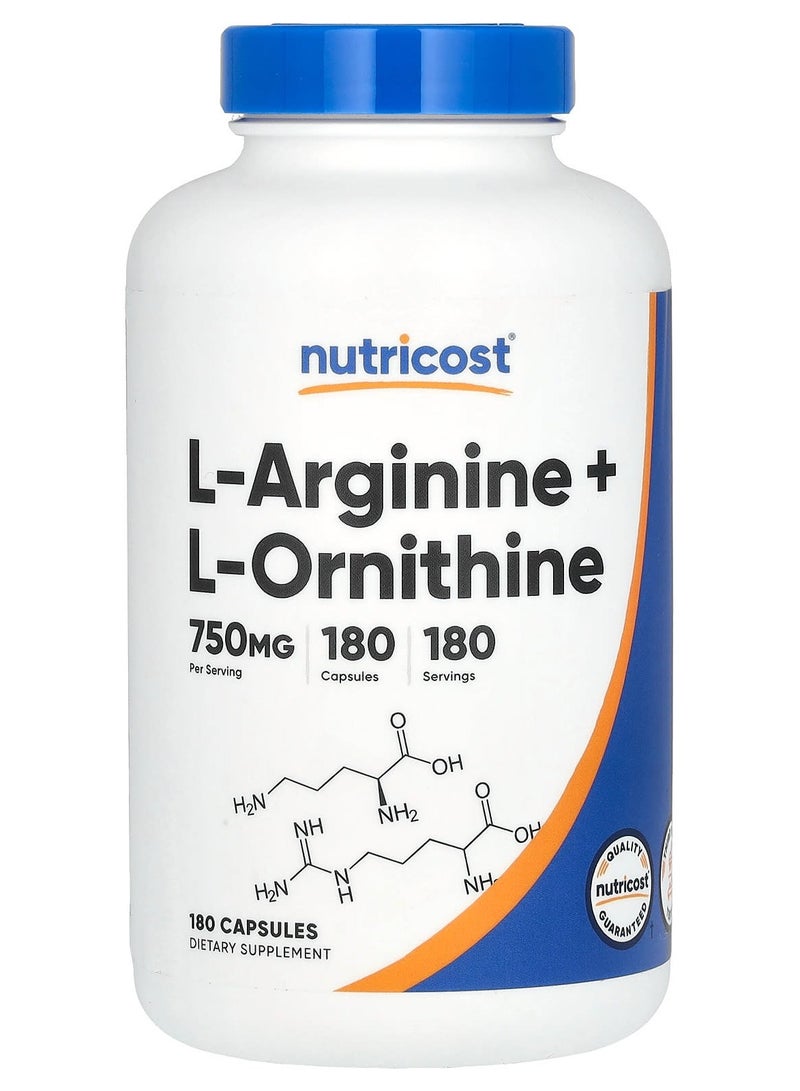 Nutricost, L-Arginine + L-Ornithine, 750 mg, 180 Capsules