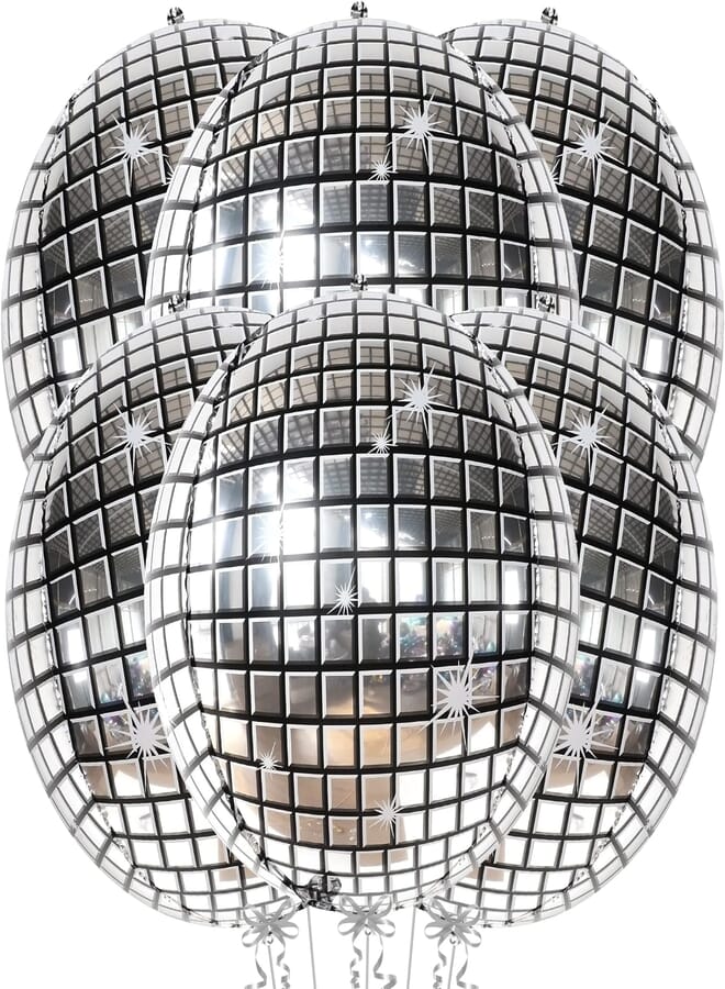 KATCHON Silver Disco Ball Balloons Decorations - Pack of 6, 70s Bachelorette Party Decorations | Silver 22 Inch 360 Degree 4D Sphere Metallic Disco Balloons | Disco Mylar Balloons, Disco Party Decorations
