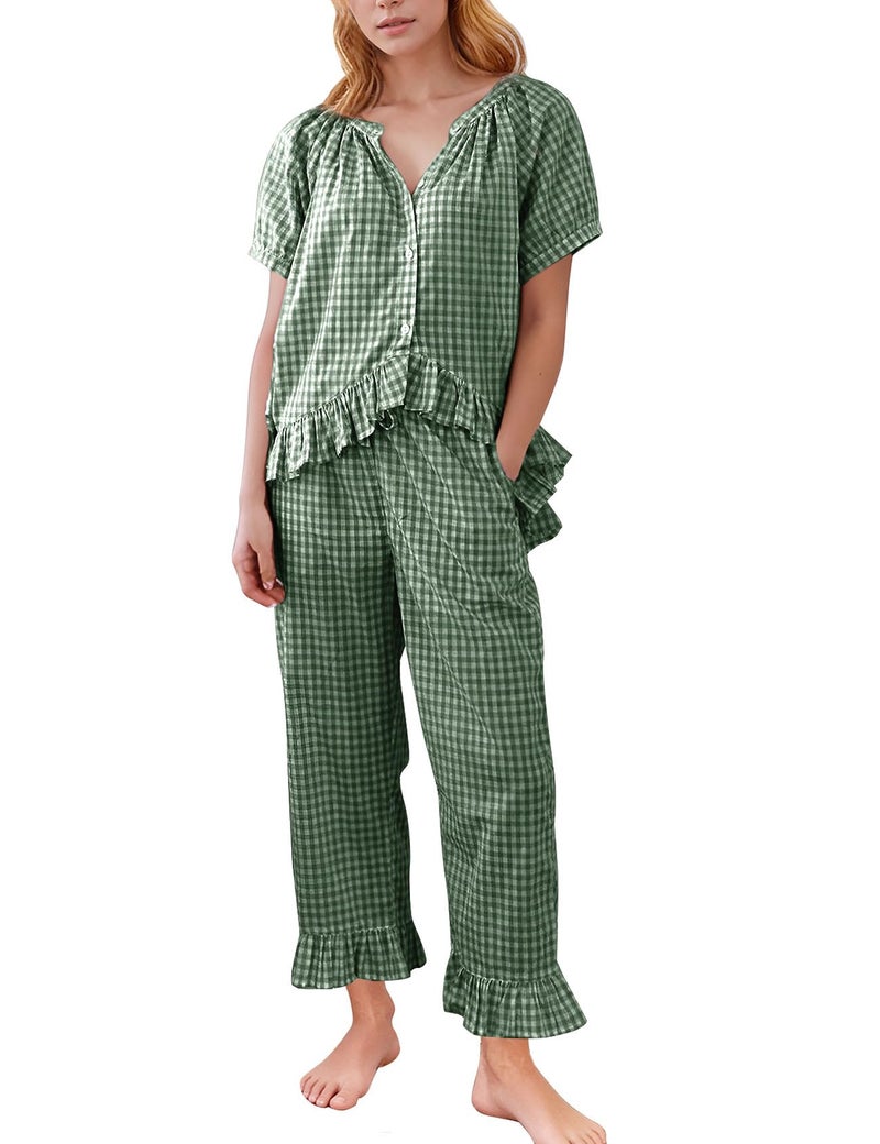 Flygo Womens Plaid 2 Piece Pajamas Sets Gingham Button Down Puff Sleeve Babydoll Shirt Ruffle Pants Y2K Pjs Lounge SetDarkGreenXS - Image 2