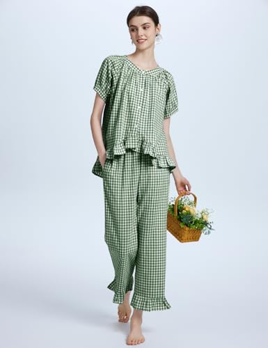Flygo Womens Plaid 2 Piece Pajamas Sets Gingham Button Down Puff Sleeve Babydoll Shirt Ruffle Pants Y2K Pjs Lounge SetDarkGreenXS - Image 3