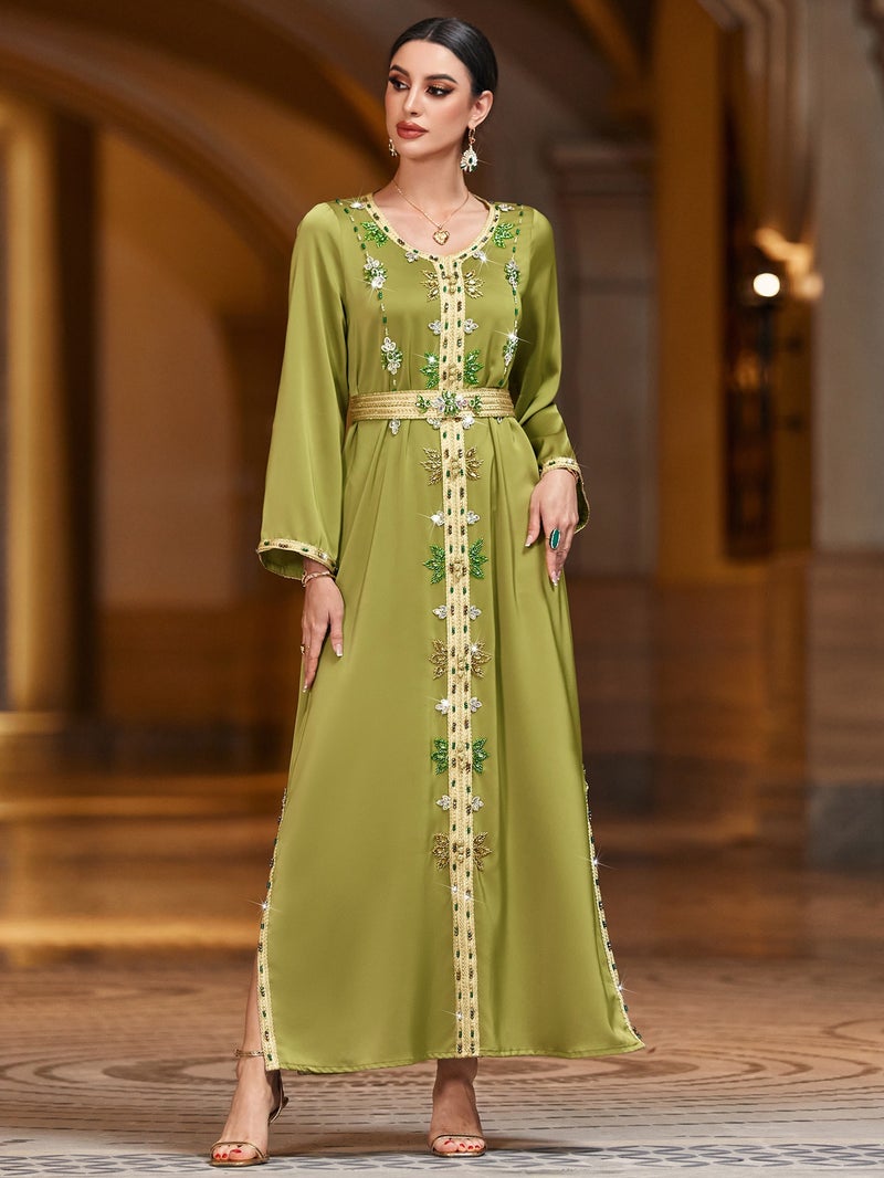 Qi Ta Moroccan Style Embellished Long Dress with Round Neck and Side Slit - Elegant Evening Gown - Image 2