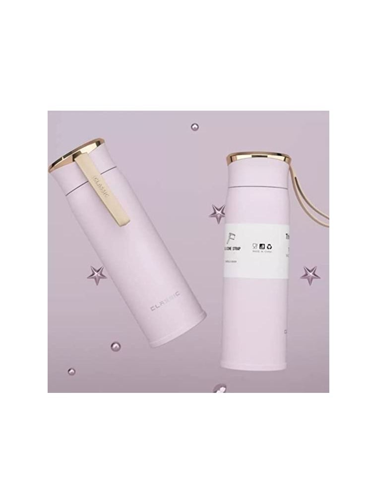 Classic Vacuum insulated stainless steel double layer thermal bottle, leak-proof with silicone bar handle, portable water bottle 450ml. pink  - Image 2