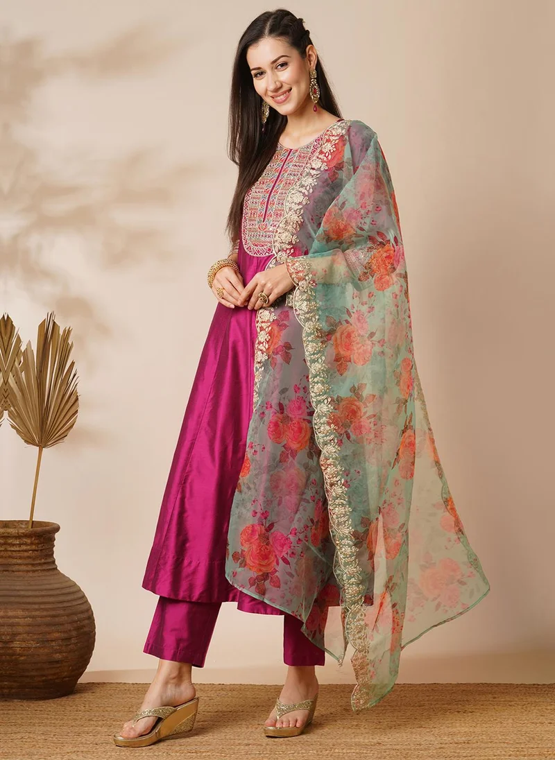 globus Globus Women Floral Yoke Design Zari Panelled Anarkali Kurta With Trouser & Dupatta Festive Set