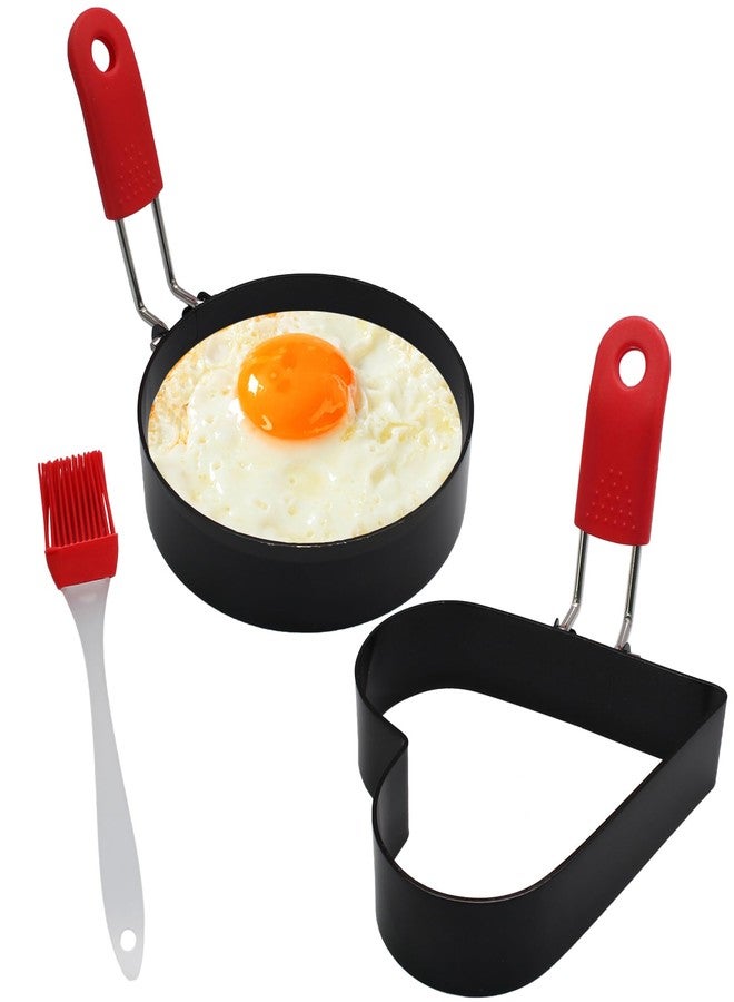 Marvexi 2Pcs Egg Rings Set with Silicone Handle and Brush, 3.5Inch Circle&Heart Shaped Nonstick Egg Rings, Cooking Accessories for Breakfast Sandwiches, Pancakes - Image 1