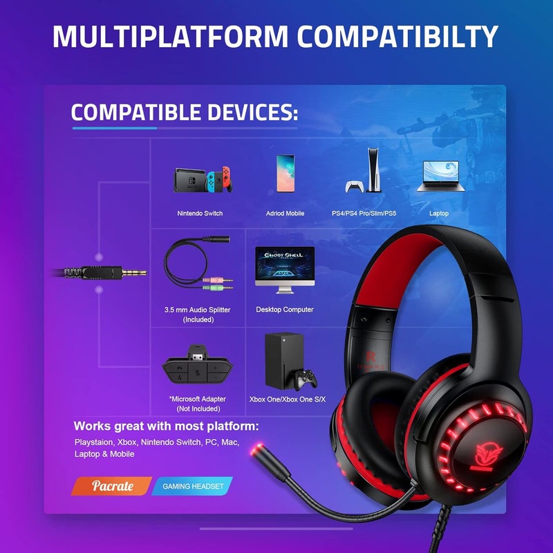 Pacrate Gaming Headset for PS4/PS5/Xbox One/Nintendo Switch/PC, PS4 Headset with Microphone Xbox Headset with LED Lights, Noise Cancelling PS5 Headset for Kids Adults - Red - Image 4