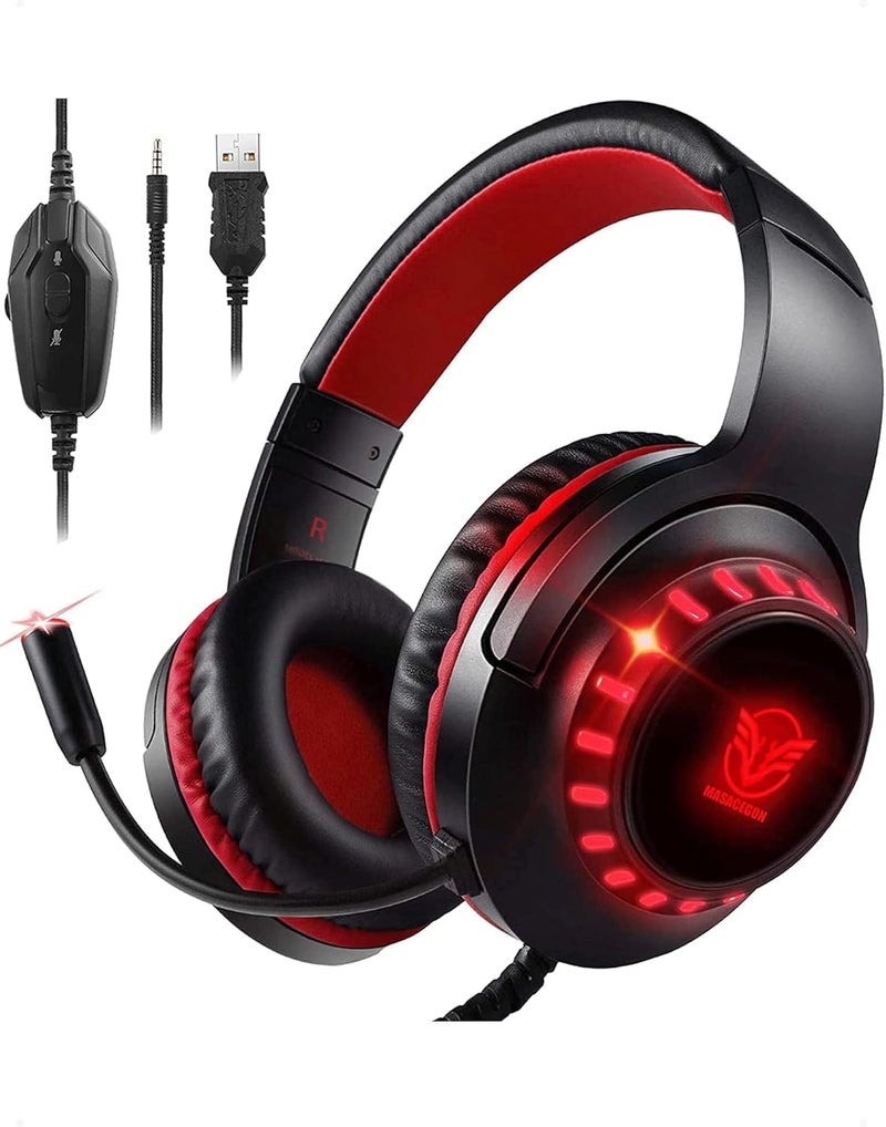 Pacrate Gaming Headset for PS4/PS5/Xbox One/Nintendo Switch/PC, PS4 Headset with Microphone Xbox Headset with LED Lights, Noise Cancelling PS5 Headset for Kids Adults - Red - Image 1
