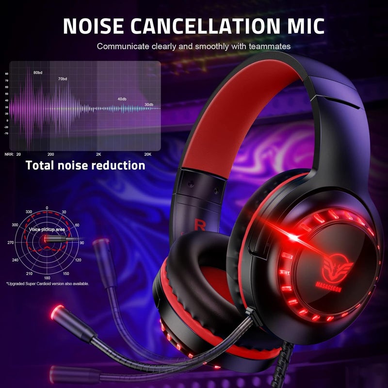 Pacrate Gaming Headset for PS4/PS5/Xbox One/Nintendo Switch/PC, PS4 Headset with Microphone Xbox Headset with LED Lights, Noise Cancelling PS5 Headset for Kids Adults - Red - Image 2