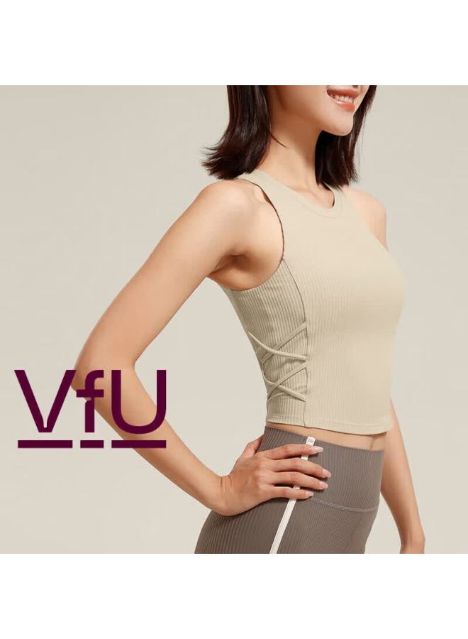 Vfu Women's Sports Vest Yoga Pilates Tank Top With Chest Pads, Cool Breathable Fitness Wear, Limestone Brown, XL - Image 1
