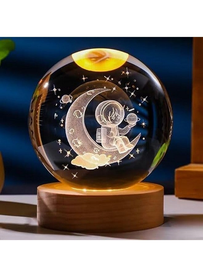 SHOPOGENIX كرة كريستال ضوء الليل من شوبوجينيكس بنظام الطاقة الشمسية، كرة زجاجية LED مع قاعدة خشبية ملونة بقطر 2.36 بوصة، كرة كريستال ملونة للهدايا للرجال، النساء، الأطفال، الأولاد، الفتيات (رائد الفضاء القمر) - Image 5