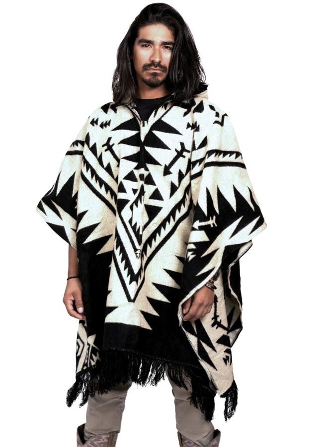DAVLINA , ALPACA Wool Poncho Hooded and, Aztec Pattern, Unique and handmade in Ecuador. Thick, Warm and Soft Wool Poncho - Image 1