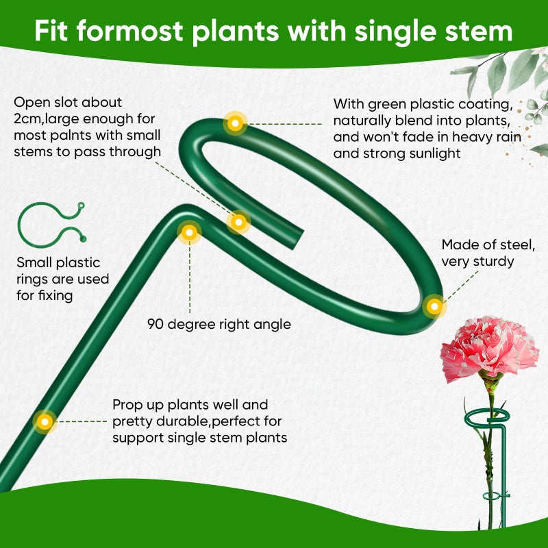 HiGift 17 inch Plant Support Stakes, 4mm Thick Garden Single Stem Flower Support Stake Amaryllis Plant Cage Support Rings with 10 pcs Plant Clips for Tomato Orchid Lily Peony Rose Flower Stem-5 Pack - Image 5