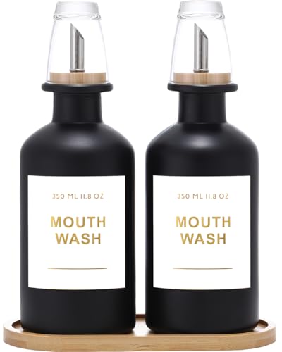 BONLONG 11.8OZ Glass Mouthwash Dispenser for Bathroom with Stainless Steel & Bamboo Nozzle, Mouthwash Cup Reusable, Bamboo Tray, and Elegant Gold Sticker.Set of 2（Black - Image 1