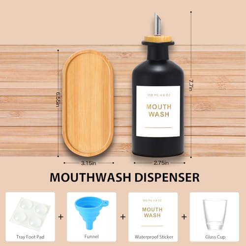 BONLONG 11.8OZ Glass Mouthwash Dispenser for Bathroom with Stainless Steel & Bamboo Nozzle, Mouthwash Cup Reusable, Bamboo Tray, and Elegant Gold Sticker.Set of 2（Black - Image 3