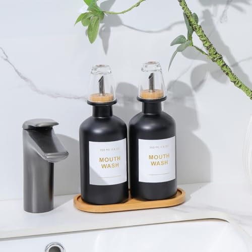 BONLONG 11.8OZ Glass Mouthwash Dispenser for Bathroom with Stainless Steel & Bamboo Nozzle, Mouthwash Cup Reusable, Bamboo Tray, and Elegant Gold Sticker.Set of 2（Black - Image 5