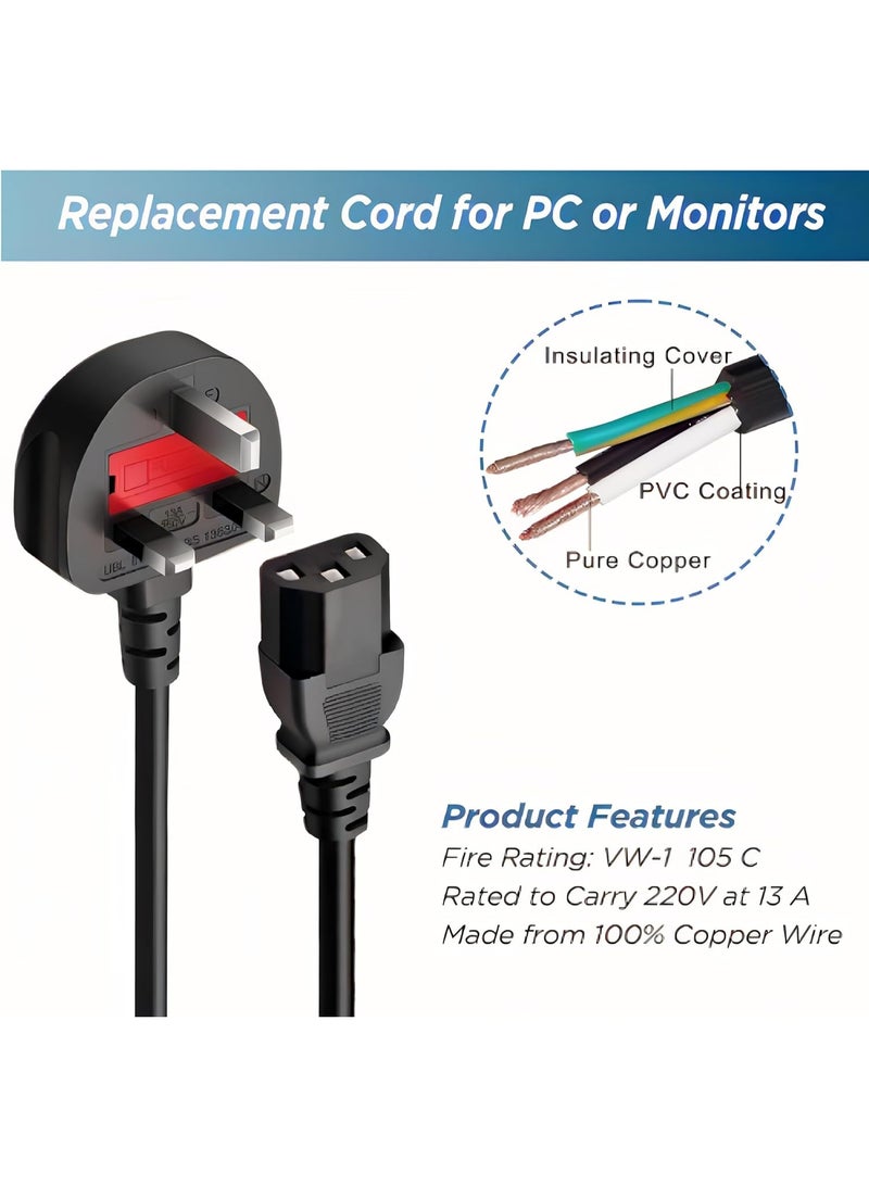 BEST ONE Desktop Power Cable 3 Pin UK Computer For PC Monitor Projector, Computer AC Power Cord, Power Supply Cable Lead, Plug Lead Cord Printer 18AWG, BS 1363 to C13, 10A 250V, Black (1.8M) - Image 4